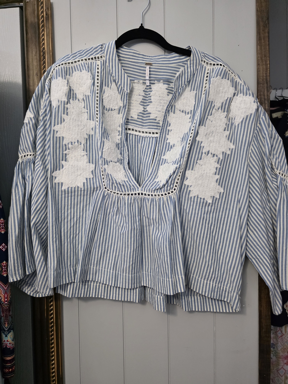 Free People Blue & White Striped Embroidered Tunic
